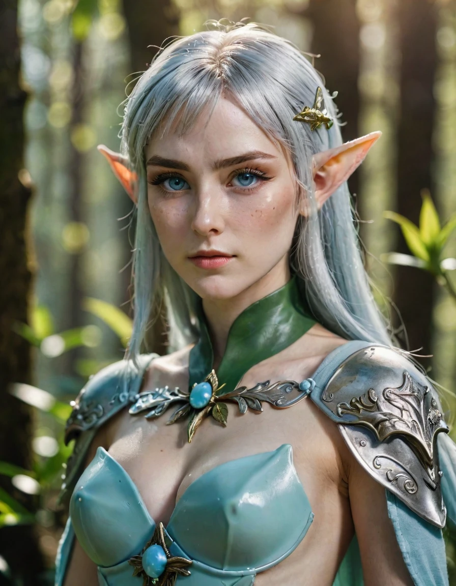 work of art, gentleman ,elfo, (Larimar Lily 1.0), glare eyes, silver hair, broadshouldered, strong bodie, pale skin with high details and light freckles, high detail wood elf armor, out, (texture skin:1.1), best qualityer, ultra high resolution, CRU photo, Nikon D850, contra-luz, rim-light, bright sunlight, Film grain:1.2, (warm toned, warm toned:1.2), (colorful photo), indoor highly detailed fantasy magical forest background