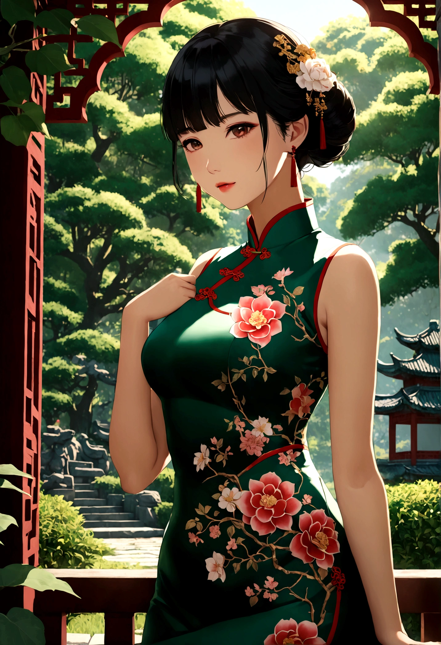 1girl, Cheongsam, Qipao, A woman wearing a beautiful green cheongsam, long black hair, elegant, graceful pose, detailed facial features, glowing skin, ornate jewelry, outdoor garden setting, sunlight filtering through trees, lush greenery, intricate floral patterns, cinematic lighting, highly detailed, 8k, masterpiece, best quality, very aesthetic, absurdres