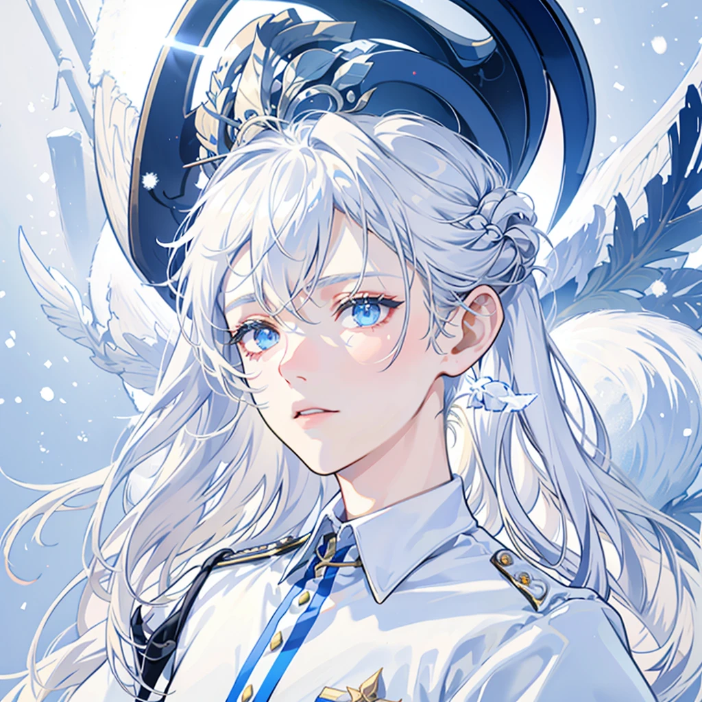 snow，snowflake，Snow Scene，Sunlight，alone，boy with short white hair，The clothes are mainly light blue with a little light yellow，uniform，red badge，jewel-like blue eyes，White eyelashes，Thinking expression，Standing at attention and thinking
