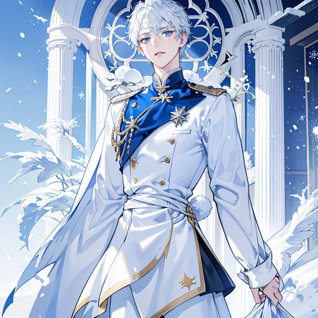 snow,snowflake,Snow Scene,Sunlight,alone,boy with short white hair,The clothes are mainly light blue with a little light yellow,uniform,red badge,jewel-like blue eyes,White eyelashes,Thinking expression,Standing at attention and thinking
