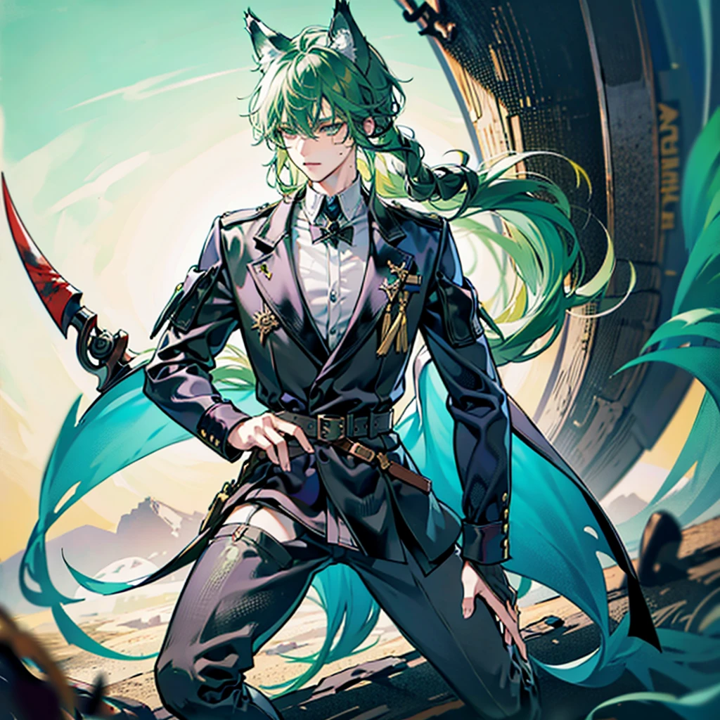 naughty man, 21 years, 1,81 tall, long wavy green hair with wolf ears, greeneyes, pale skin, friendly guy Wears a gray blouse black pants and black ankle boots, use a climbing belt,
Has a scythe made of blood and manipulates blood(these details must be activated in the image) has a small scar on the right side of his face full body image MAN