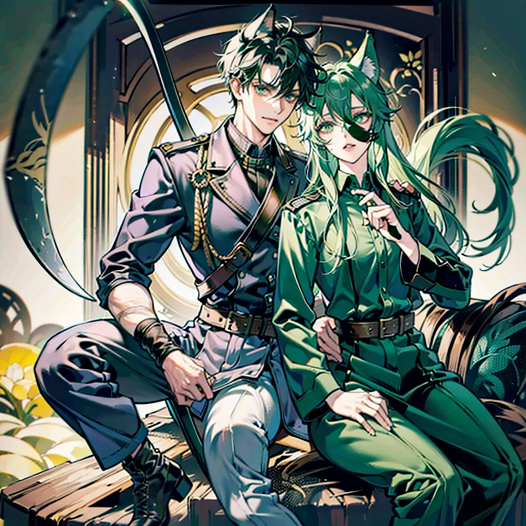 naughty man, 21 years, 1,81 tall, long wavy green hair with wolf ears, greeneyes, pale skin, friendly guy Wears a gray blouse black pants and black ankle boots, use a climbing belt, 

Has a scythe made of blood and manipulates blood(these details must be activated in the image) has a small scar on the right side of his face full body image MAN 