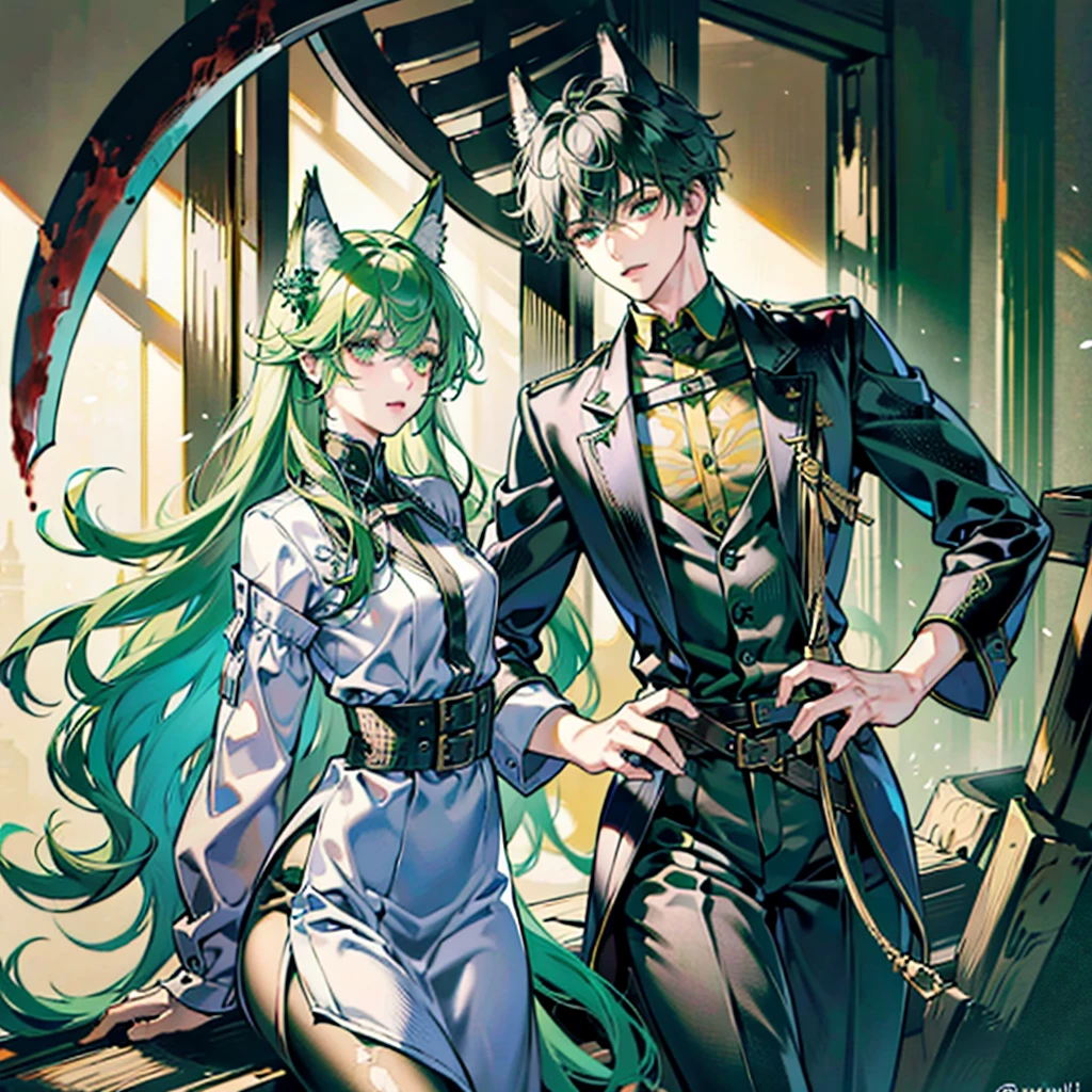 naughty man, 21 years, 1,81 tall, long wavy green hair with wolf ears, greeneyes, pale skin, friendly guy Wears a gray blouse black pants and black ankle boots, use a climbing belt,
Has a scythe made of blood and manipulates blood(these details must be activated in the image) has a small scar on the right side of his face full body image MAN
