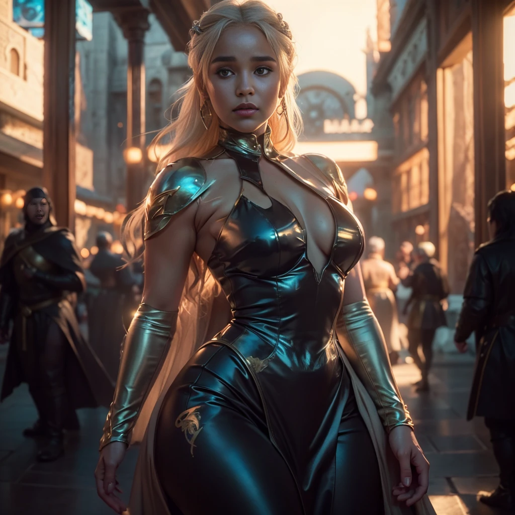 Generate an image of a ???? and serious Daenerys Targaryen with a spectacular body in a scenario that mixes future and medieval aesthetics, com um castelo high tech ao fundo, noite, arte hiperrealista em 4k, noite, lua cheia gigante e aurora boreal, a dragon in the background breathing fire, Daenerys with serious expression
