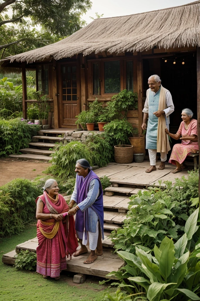 In the foreground, depict Maya warmly welcoming an elderly man with a kind smile, leading him towards her cozy cottage adorned with healing herbs. Raj and Leela are seen collaborating in Raj's garden, meticulously crafting a simple hut for the elderly man, showcasing their craftsmanship and creativity. The hut is adorned with colorful textiles woven by Leela, adding an artistic touch to their act of generosity.