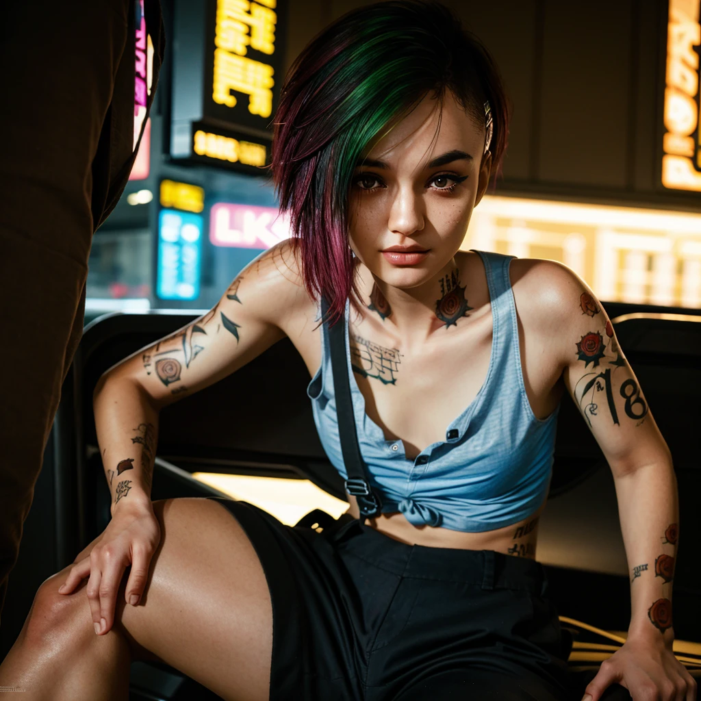 A stunning full color intricate portrait in Ultra-HD, a 24 year old girl, detailed face, ((ultra detailed, masterpiece, best quality)), short multicolored hair, brown eyes, makeup, tattoos, tank top, black pants, full body, epic character composition . . alessio albi, nina masic, sharp focus, natural lighting, subsurface dispersion, f2, 35mm