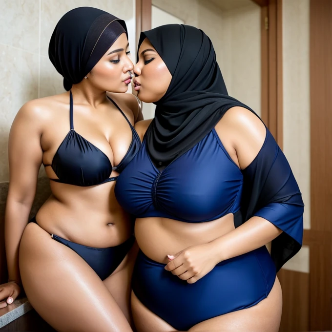 2woman,years Old, Hijab Indonesian mature woman, Big : bikini,love suit,curvy body, full body, sharing lustful kiss, hug and groping bteas, professional shot, at doctor hot.