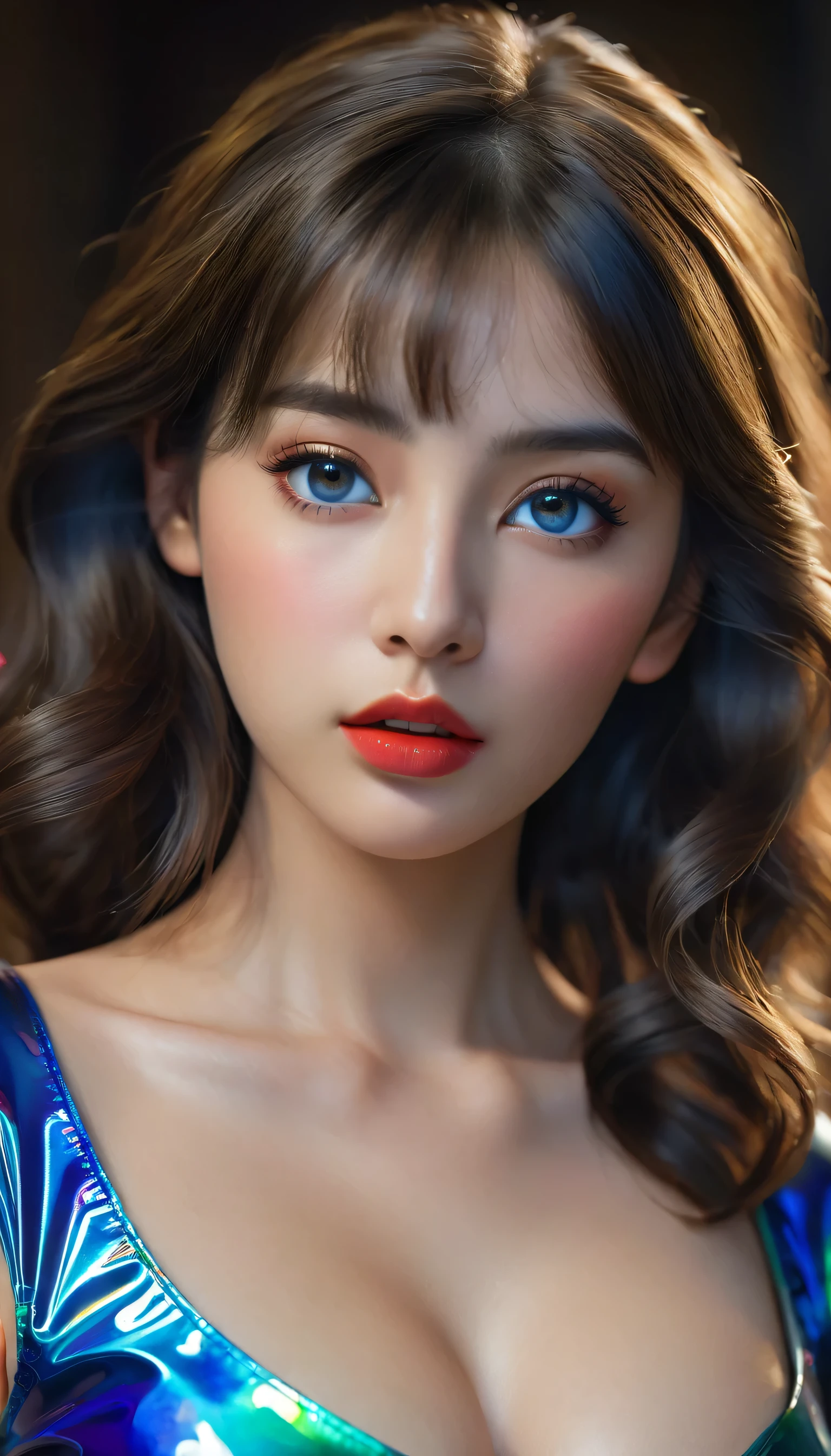 photorealistic Realism 8K, 16K Quality, (ultra absurd quality, extremely detailed detail, hyper resolution, clear sharp focus, not blurry, (perfect round, Realistic brown eyes)), ((perfect dark_eyeshadows)), (super Detailed, beautiful little nose), (perfect composition), Depth of field, cinematic light, Lens flare, (extremely beautiful face, beautiful lips), pink_makeup:1.22, long_blue_eyeliner:1.28, red_lipstick:1.35,(perfect dark_eyeshadows:1.45), (super detailed professional makeup on eyes:1.3), (Detailed nose:1.2), Intricate detail face, best high quality real texture skin, (A woman with velvety skin), ((best high quality real texture hair)), (short blonde hair, (wavy, combed up, behind the ear), extremely detailed)), photo of the most beautiful artwork in the world, professional majestic (photography by Steve McCurry), 8k uhd, dslr, soft lighting, high quality, Fujifilm XT3 sharp focus, f 5.6, dramatic, (Anatomically correct perfect proportions), ((perfect hands:1.2)), ((perfect female body:1.4)), cute girl, ((firm and full breasts)), ((super beautiful cute sharp-face)), (light pale complexion), transparent color pvc ((full-body shiny latex, full colors Brightly outfit, holograph tight latex:1.24)), (((upper body to the knee: 1.4))),