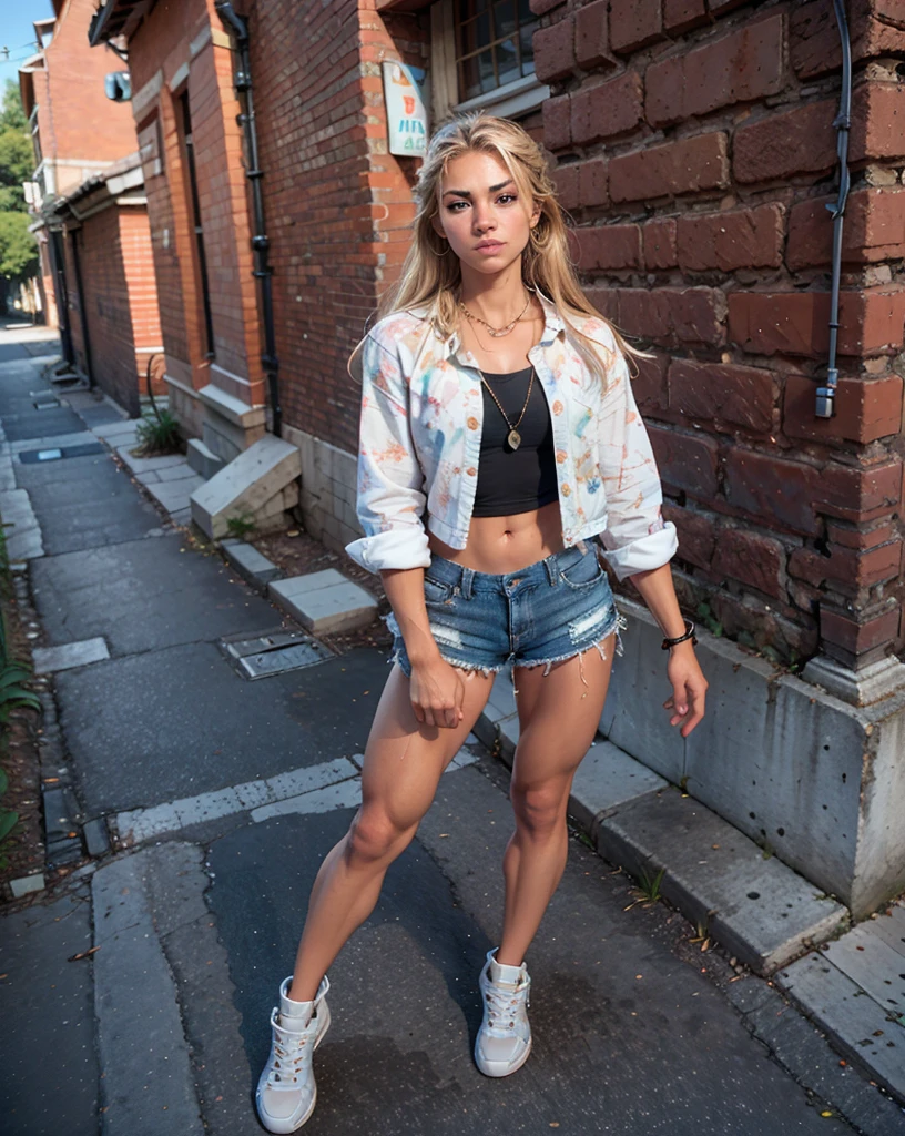 beautiful tan muscular girl, sixpack, ripped abs, veins, biceps, blonde long hair, , sexy, muscular legs, shorts, (best quality,4k,8k,highres,masterpiece:1.2),ultra-detailed,(realistic,photorealistic,photo-realistic:1.37), portrait, concept art, biceps muscle, sport shorts, muscular legs, muscular calves, muscular quads, sports-bra, muscular arms, breathtaking