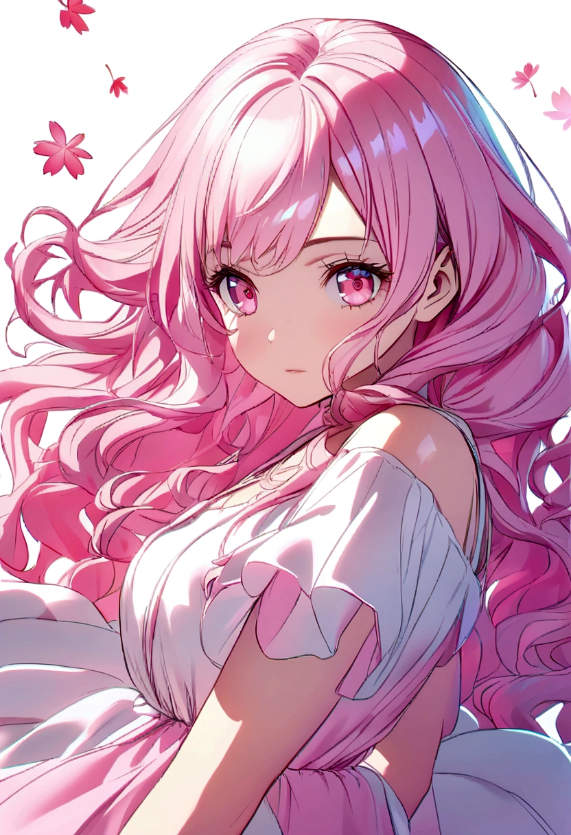 light pink hair, pink eyes, pink and white romper, sakura leaves, bright coloured, white gown, paint splash, simple background, ray tracing, wavy hair