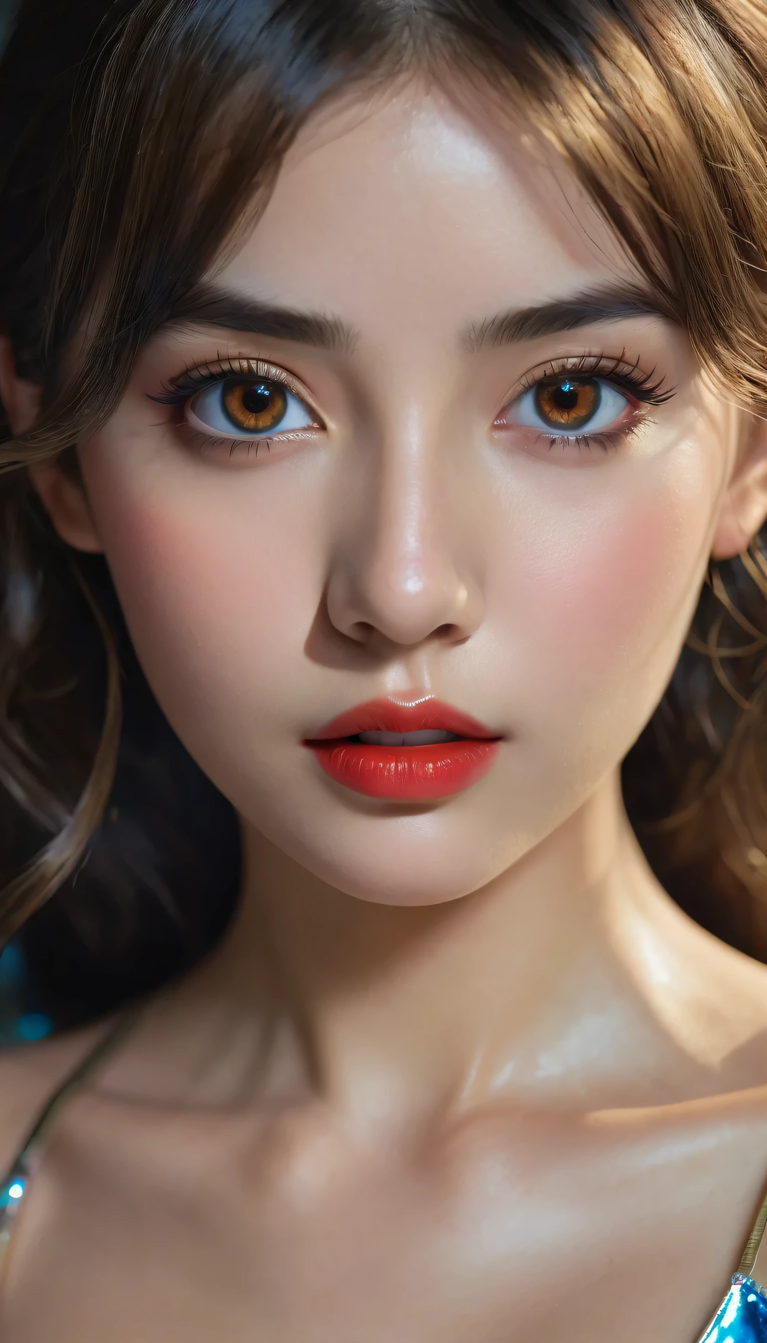 photorealistic Realism 8K, 16K Quality, (ultra absurd quality, extremely detailed detail, hyper resolution, clear sharp focus, not blurry, (perfect round, Realistic brown eyes)), ((perfect dark_eyeshadows)), (super Detailed, beautiful little nose), (perfect composition), Depth of field, cinematic light, Lens flare, (extremely beautiful face, beautiful lips), pink_makeup:1.22, long_blue_eyeliner:1.28, red_lipstick:1.35,(perfect dark_eyeshadows:1.45), (super detailed professional makeup on eyes:1.3), (Detailed nose:1.2), Intricate detail face, best high quality real texture skin, (A woman with velvety skin), ((best high quality real texture hair)), (short blonde hair, (wavy, combed up, behind the ear), extremely detailed)), photo of the most beautiful artwork in the world, professional majestic (photography by Steve McCurry), 8k uhd, dslr, soft lighting, high quality, Fujifilm XT3 sharp focus, f 5.6, dramatic, (Anatomically correct perfect proportions), ((perfect hands:1.2)), ((perfect female body:1.4)), cute girl, ((firm and full breasts)), ((super beautiful cute sharp-face)), (light pale complexion), transparent color pvc ((full-body shiny latex, full colors Brightly outfit, holograph tight latex:1.24)), (((upper body to the knee: 1.4))), 