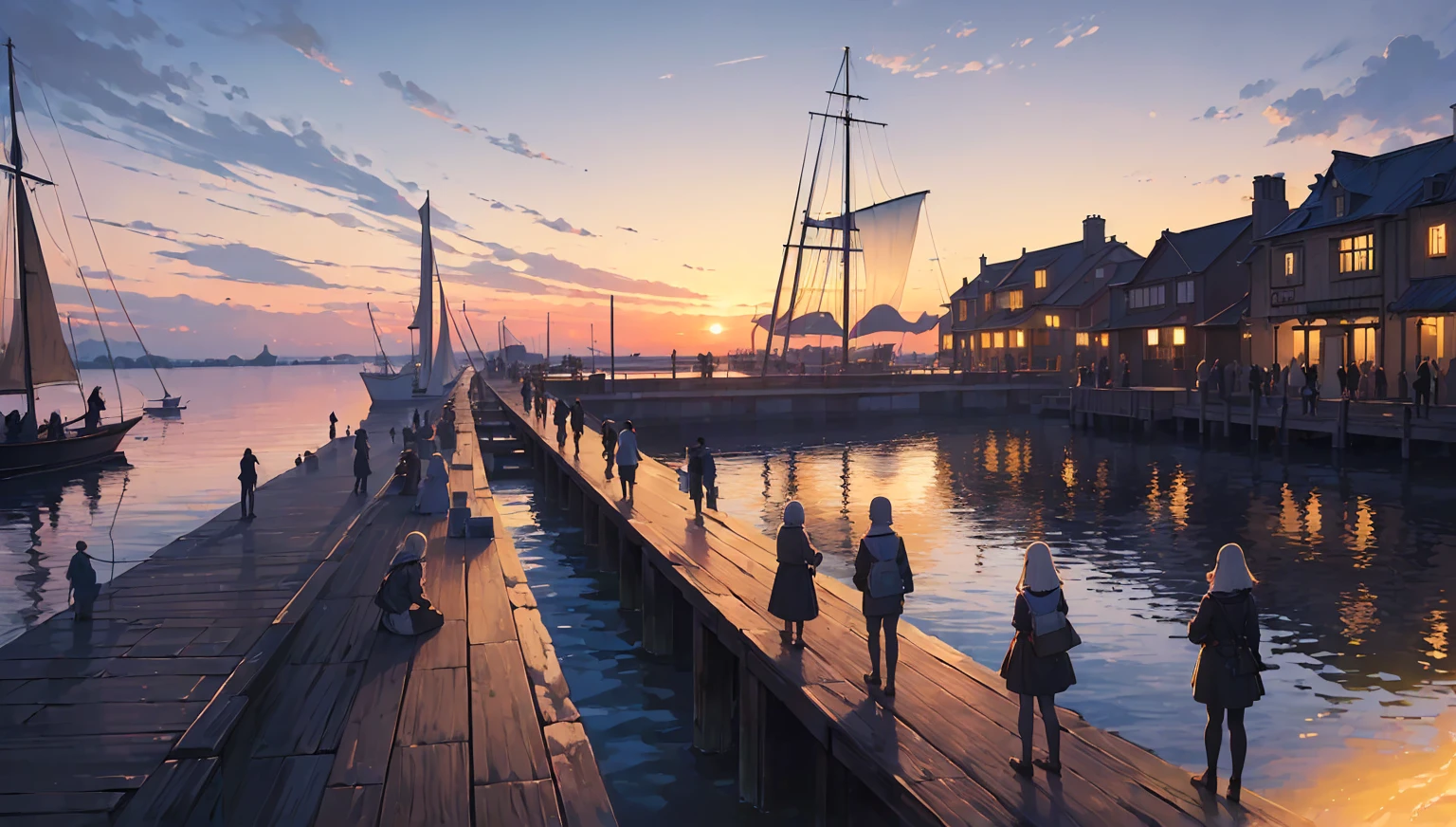 (masterpiece:1.5), (best quality:1.5), (extremely detailed:1.5), (sailing port), (middle era:1.5), (people on line:1.5), line on dock, old dock, ((people waiting on dock)), water, sunet, sunset color, dark blue water, (view on sea), sunset color, sunset