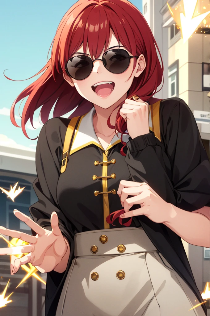 Focus on the face、Face only、Red hair、Wear yellow sunglasses、laughing、Hands on sunglasses、Fancy costumes、Spark effect
