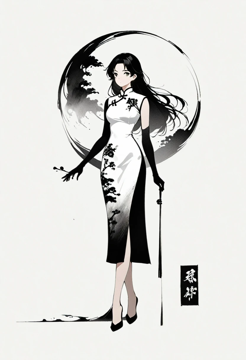 Artistic ink painting,Three-dimensional ink painting,Minimalism,Minimalist graphics,Minimal Art,Chinese anime girls,whole body,Chinese style,antiquity,Ink Painting,cheongsam,Black long hair,Black and white background,古韵White Space,White Space,大面积White Space,Texture Matte,Low saturation,Minimalist composition,Master composition
