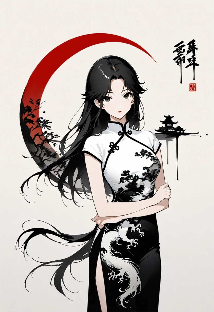Artistic ink painting,Three-dimensional ink painting,Minimalism,Minimalist graphics,Minimal Art,Chinese anime girls,whole body,Chinese style,antiquity,Ink Painting,cheongsam,Black long hair,Black and white background,古韵White Space,White Space,大面积White Space,Texture Matte,Low saturation,Minimalist composition,Master composition