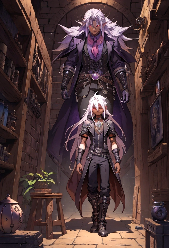 (best quality)), ((masterpiece)), (detailed), ((boy)), ((mix between dungeonpunk and steampunk)), (serious), dark skinned, human, full body, red eyes, long white hair, Xemnas from Kingdom Hearts, half-drow, pointy ears, serious face, dramatic lighting, purple hue, art by Kinema Citrus and Tetsuya Nomura