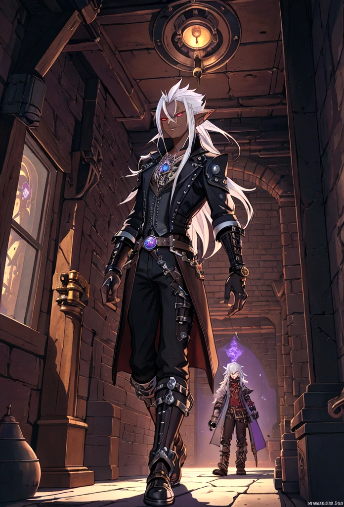 (best quality)), ((masterpiece)), (detailed), ((boy)), ((mix between dungeonpunk and steampunk)), (serious), dark skinned, human, full body, red eyes, long white hair, Xemnas from Kingdom Hearts, half-drow, pointy ears, serious face, dramatic lighting, purple hue, art by Kinema Citrus and Tetsuya Nomura