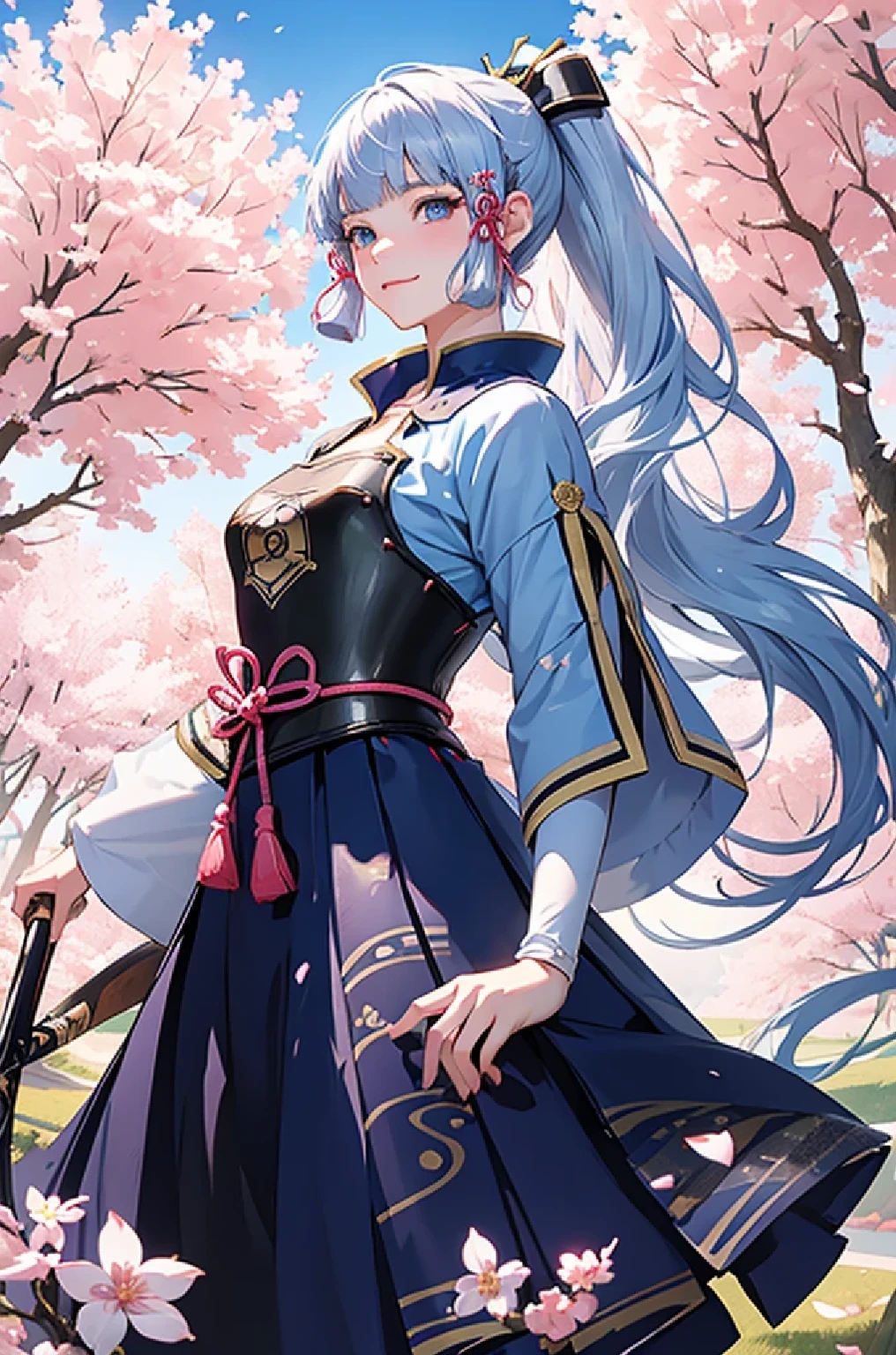 ((kamisatoayakadef)),1 Anime Girl, Warrior, Realistic people,Realistic, beautiful, smile, elegant, Majestic, Splash Art, Particles of light, Diamond Blade, Dynamic pose, ((fan、Have a fan))((Expand your fan base)),milky way, (Fractal Art:1.1),(Ice Flower:1.4), Most detailed,(Abstract background:1.1), (Shiny skin), (Many colors:1.4), Ultra-high resolution,, masterpiece, Accurate, Anatomically correct, texture.(background:Cherry tree、Cherry Blossom、petal、wind、旋wind)