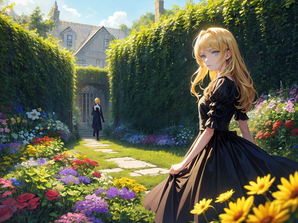 (1 woman,golden hair,blue eyes,Dress,beautiful),(1Men,golden hair,blue eyes,Black tone set)(background : flower,garden,แสงbeautiful,fine,Anime,detailed)