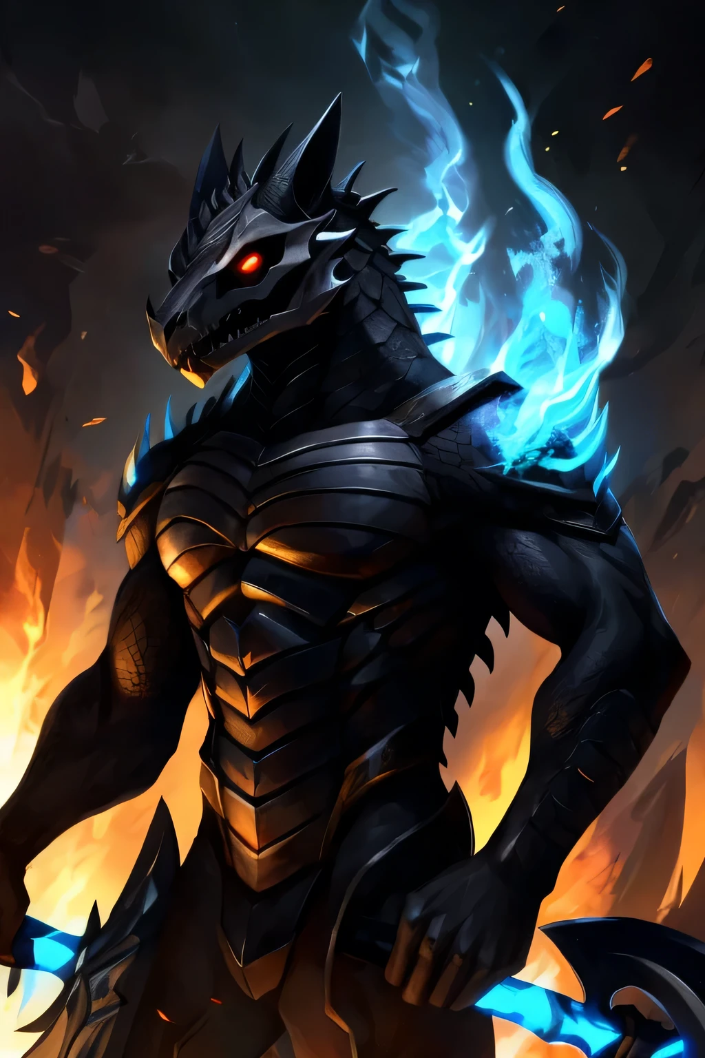 full body shot of male humanoid dark wolf that is mostly covered with dark fur, coal-black scales and plates, red energy sometimes glowing from between the cracks. However, his head, spine and clavicles appear to be made from exposed bone, resulting in these features being a contrasting white. Large plates with dorsal spines cover the back of his head and neck, above his shoulders, the very top one being white. As for his head, it has been described as a wolf skull-face with a hole for a nose, and sharp, exposed teeth. His eyes are black sclera with a white iris. he has a dragon tail with the axe tail tip covered in blue flames. he has white claws.