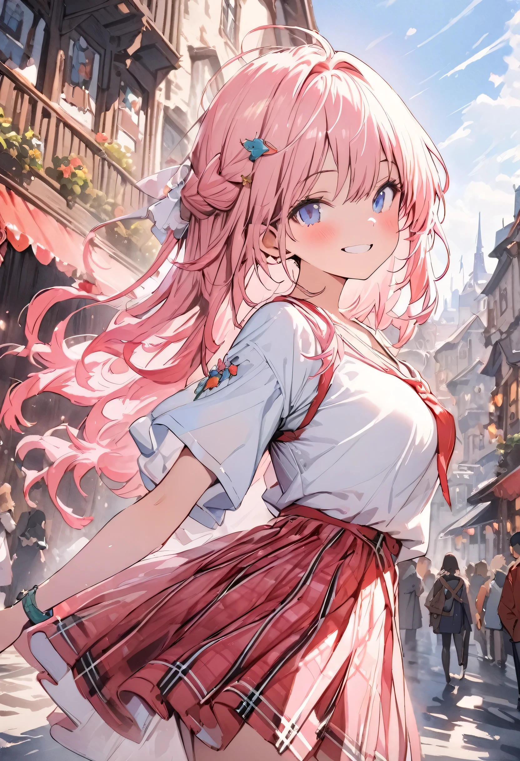 (masterpiece, best quality, highly detailed, absurdres:1.3), (1girl, cute girl, she is fantasy world adventure:1.3), smile, white shirt, black and white and pink plaid skirt, (fantastic illustration, beautiful detail, best quality, top quality, fain touch outline:1.3), watercolor, clear, tangle, background blue sky, city town, beautiful scenery