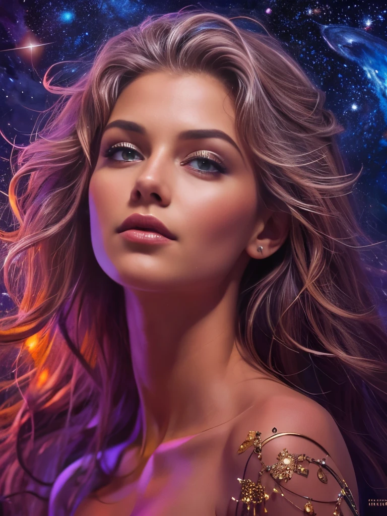 Full medium shot. An ultra hot gorgeous European woman. Age 23. Goddess. high quality, highly detailed, illustration, impasto, canvas, oil painting, fantasy, ((night time. Starry sky)).