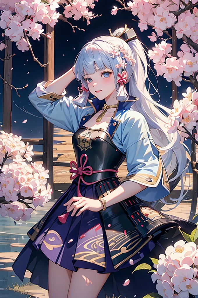 ((kamisatoayakadef)),1 Anime Girl, Warrior, Realistic people,Realistic, beautiful, smile, elegant, Majestic, Splash Art, Particles of light, Diamond Blade, Dynamic pose, ((fan、fanを持っている))((fanを広げる)),milky way, (Fractal Art:1.1),(Ice Flower:1.4), Most detailed,(抽象的なbackground:1.1), (Shiny skin), (Many colors:1.4), Ultra-high resolution,, masterpiece, Accurate, Anatomically correct, texture.(background:Cherry tree、Cherry Blossom、petal、Wind、旋Wind)