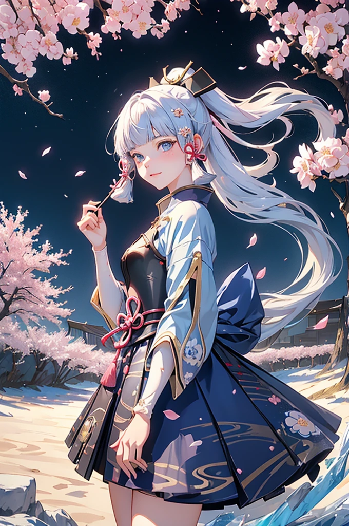 ((kamisatoayakadef)),1 Anime Girl, Warrior, Realistic people,Realistic, beautiful, smile, elegant, Majestic, Splash Art, Particles of light, Diamond Blade, Dynamic pose, ((fan、fanを持っている))((fanを広げる)),milky way, (Fractal Art:1.1),(Ice Flower:1.4), Most detailed,(抽象的なbackground:1.1), (Shiny skin), (Many colors:1.4), Ultra-high resolution,, masterpiece, Accurate, Anatomically correct, texture.(background:Cherry tree、Cherry Blossom、petal、Wind、旋Wind)
