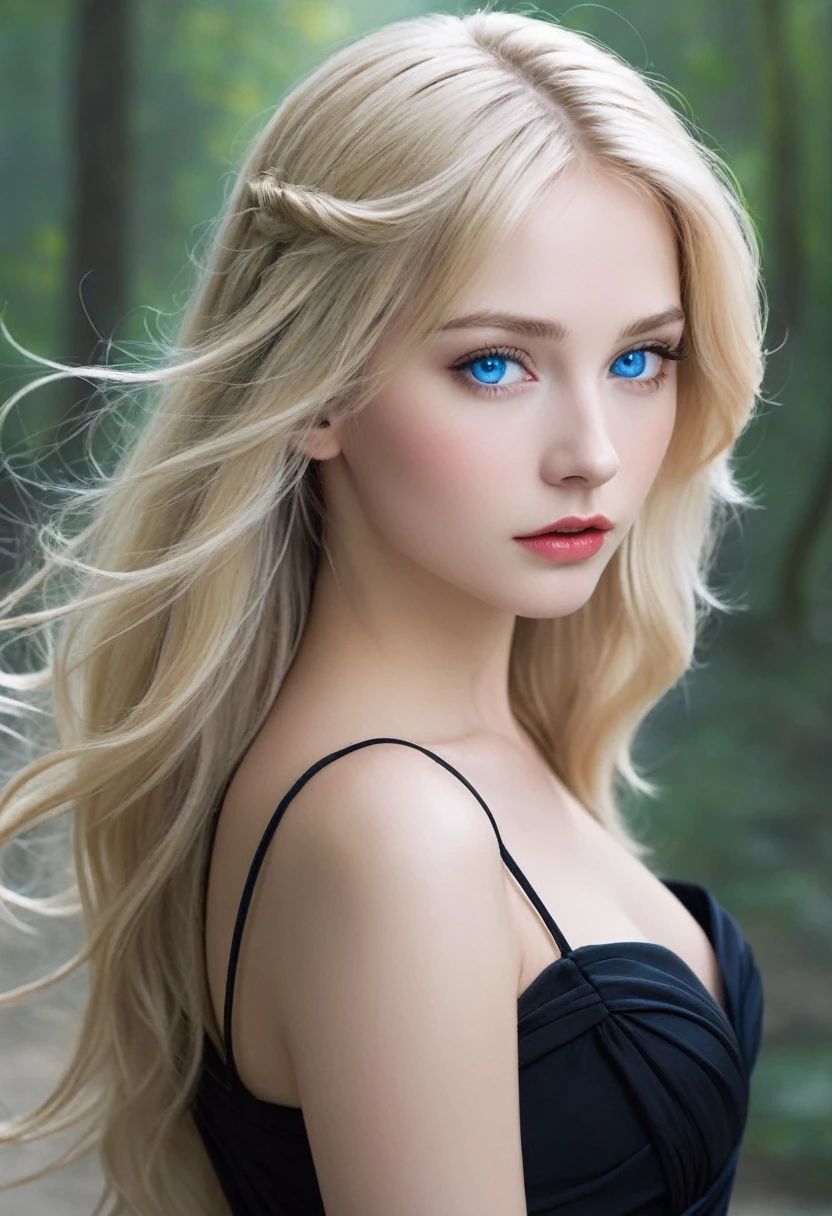 Transport yourself to a world of fantasy and beauty with this digital masterpiece featuring a captivating young woman with flowing blonde hair, mesmerizing blue eyes, and a striking black dress that exudes elegance and mystery.