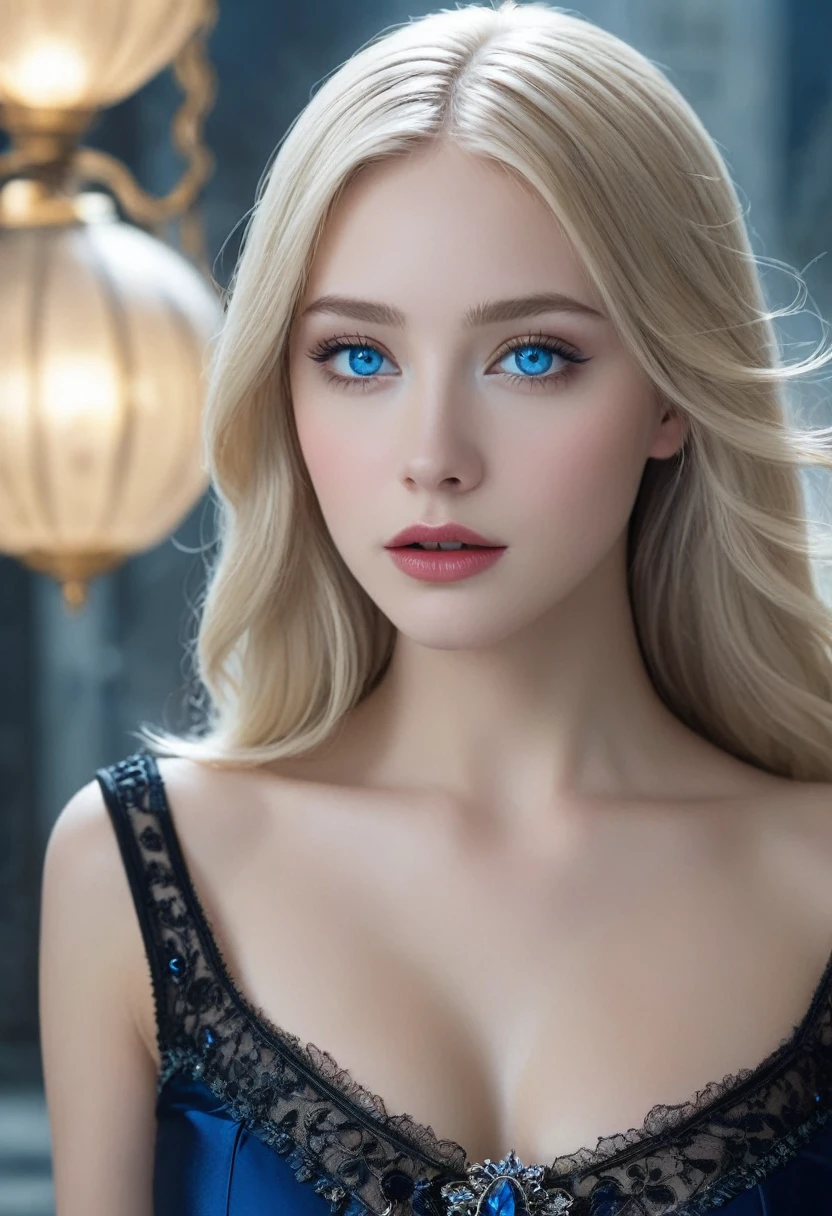 Transport yourself to a world of fantasy and beauty with this digital masterpiece featuring a captivating young woman with flowing blonde hair, mesmerizing blue eyes, and a striking black dress that exudes elegance and mystery.