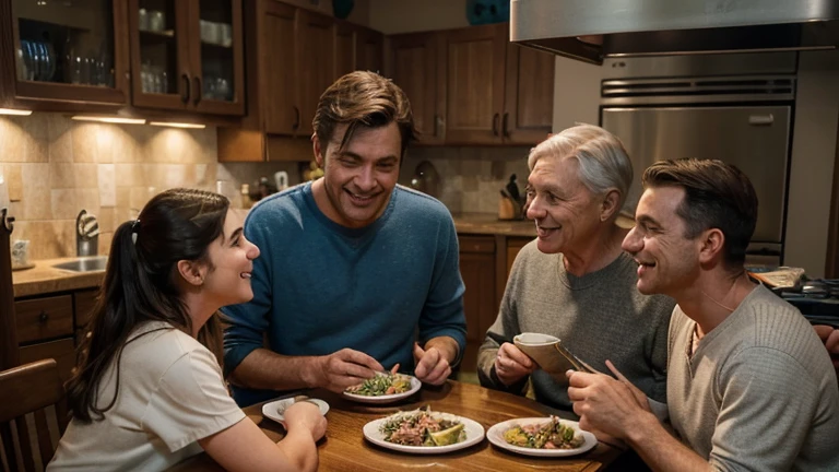 a family reunited, five persons, two mens with an old man and woman with two kids , talking, happiness, family dinner, happy faces, warm environment, home, kitchen, hyperrealistic, highly detailed, realistic lighting, vibrant colors, photorealistic, 8k, award winning, cinematic, masterpiece, faces detailed