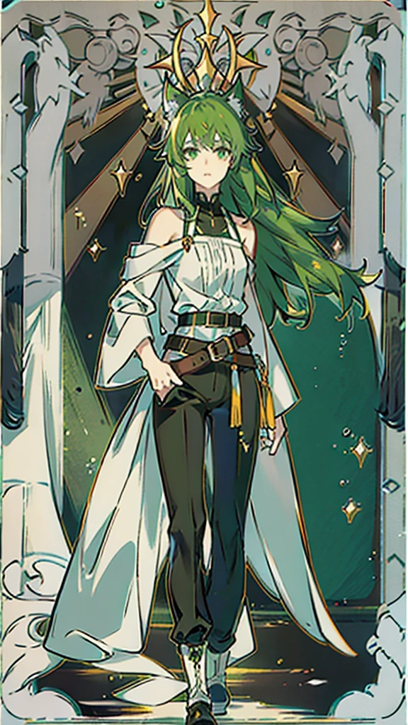 naughty man, 21 years, 1,81 tall, long wavy green hair with wolf ears, greeneyes, pale skin, friendly guy Wears a gray blouse black pants and black ankle boots, use a climbing belt,
Has a scythe made of blood and manipulates blood(these details must be activated in the image) has a small scar on the right side of his face full body image MAN