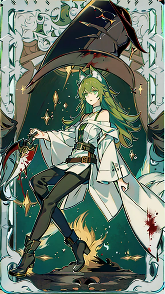 naughty man, 21 years, 1,81 tall, long wavy green hair with wolf ears, greeneyes, pale skin, friendly guy Wears a gray blouse black pants and black ankle boots, use a climbing belt,
Has a scythe made of blood and manipulates blood(these details must be activated in the image) has a small scar on the right side of his face full body image MAN
