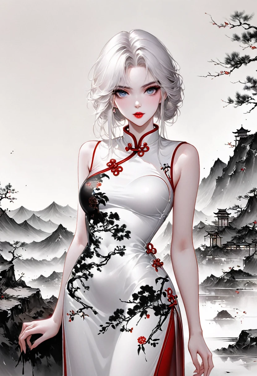 (Lots of white space:1.5)，(Lots of white space around:1.6), White background, simple, Minimalism, abstract,Freehand，Aesthetic，black and white，Ink Painting，antiquity，a mountain，一个远处的cheongsam女孩，(cheongsam:1.7),A beautiful artistic illustration, author：Li Song, Arte no estilo de Guweiz, arte shin jinyoung, Obra-prima de Guweiz, Ross chart 1. 0, Beautiful digital illustrations, Inspired by non-WLOP, Cute and cute digital art, jingna zhang, Guweiz, Stunning digital illustrations