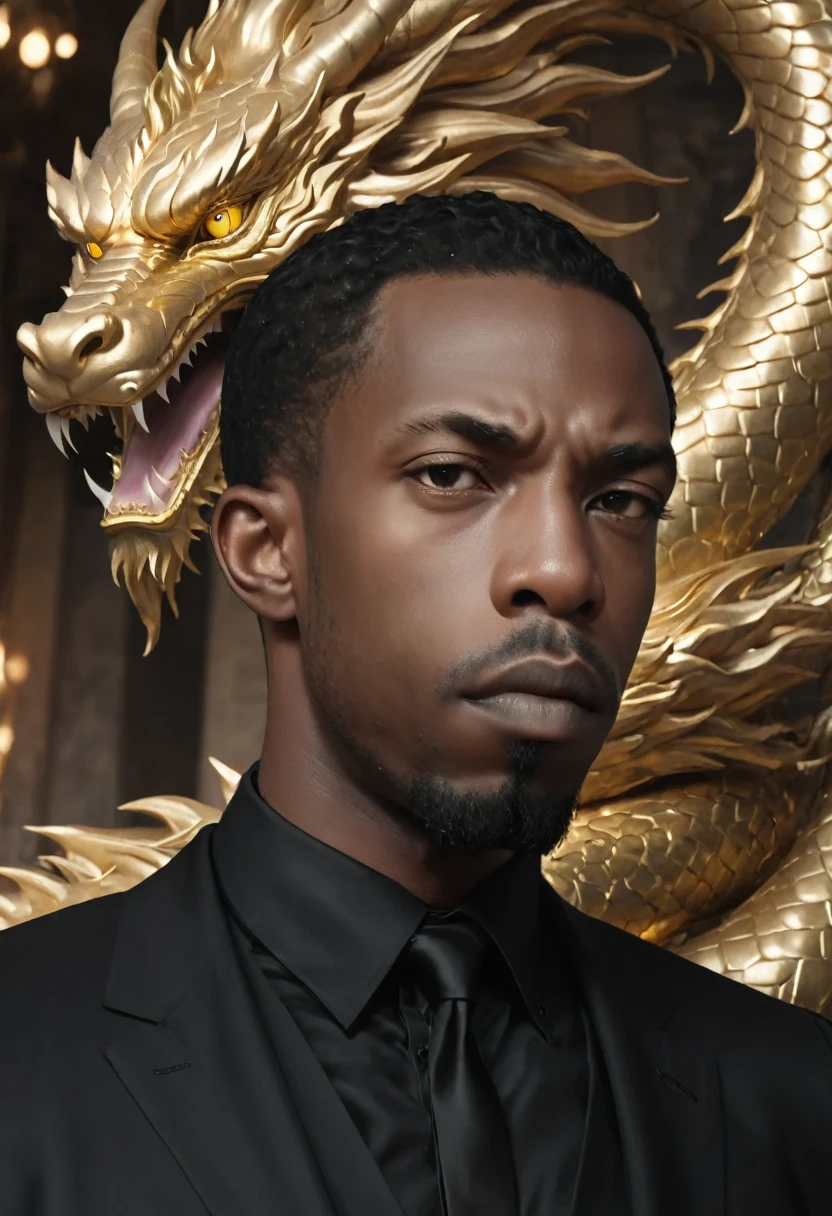 A close-up view of 
Shawt a black man i. A black suit standing in front of a massive gold

 dragon
