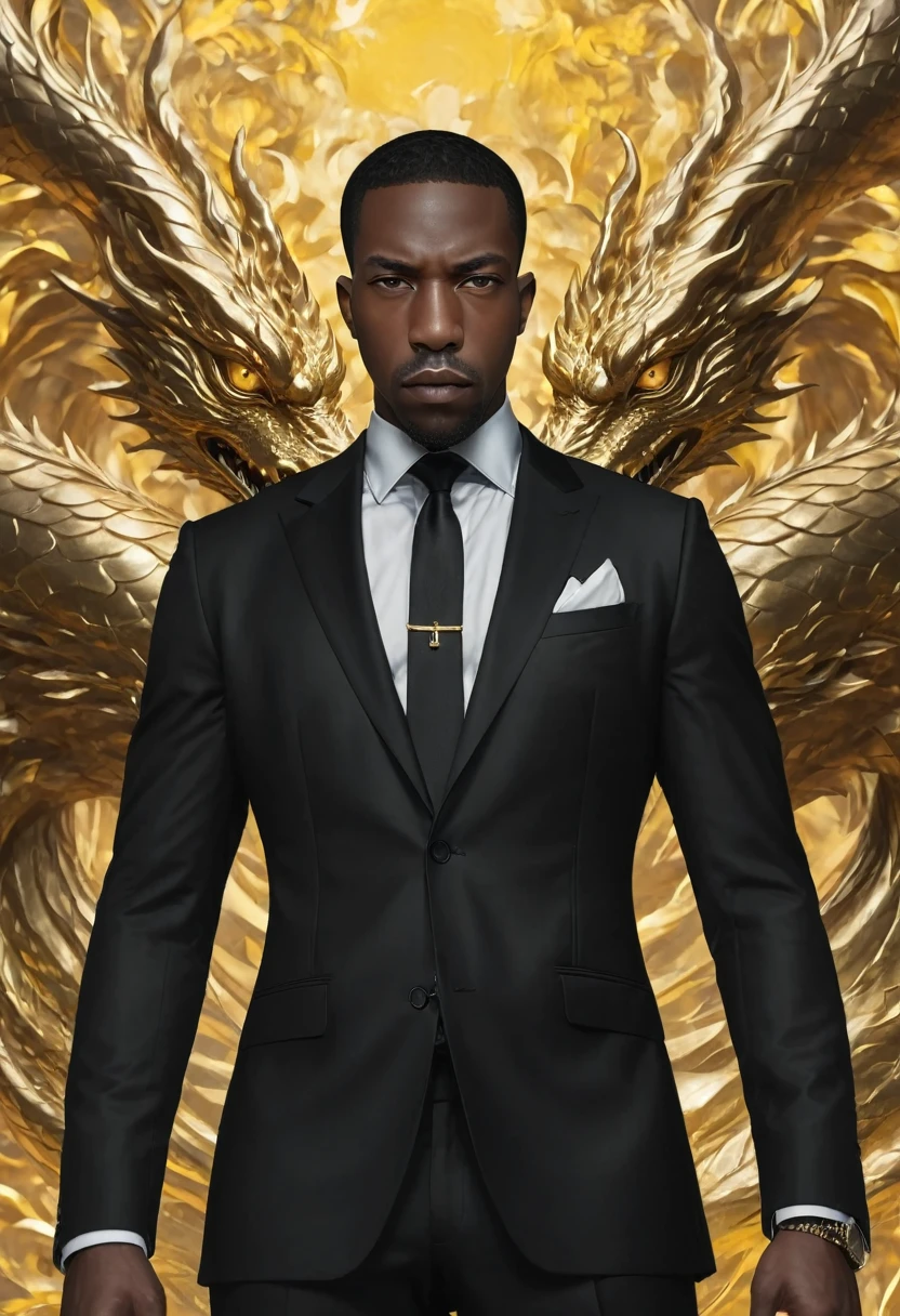 A close-up view of 
Shawt a black man i. A black suit standing in front of a massive gold

 dragon
