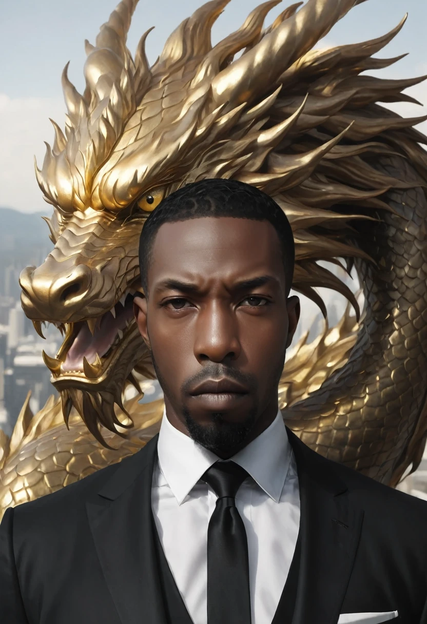 A close-up view of 
Shawt a black man i. A black suit standing in front of a massive gold

 dragon
