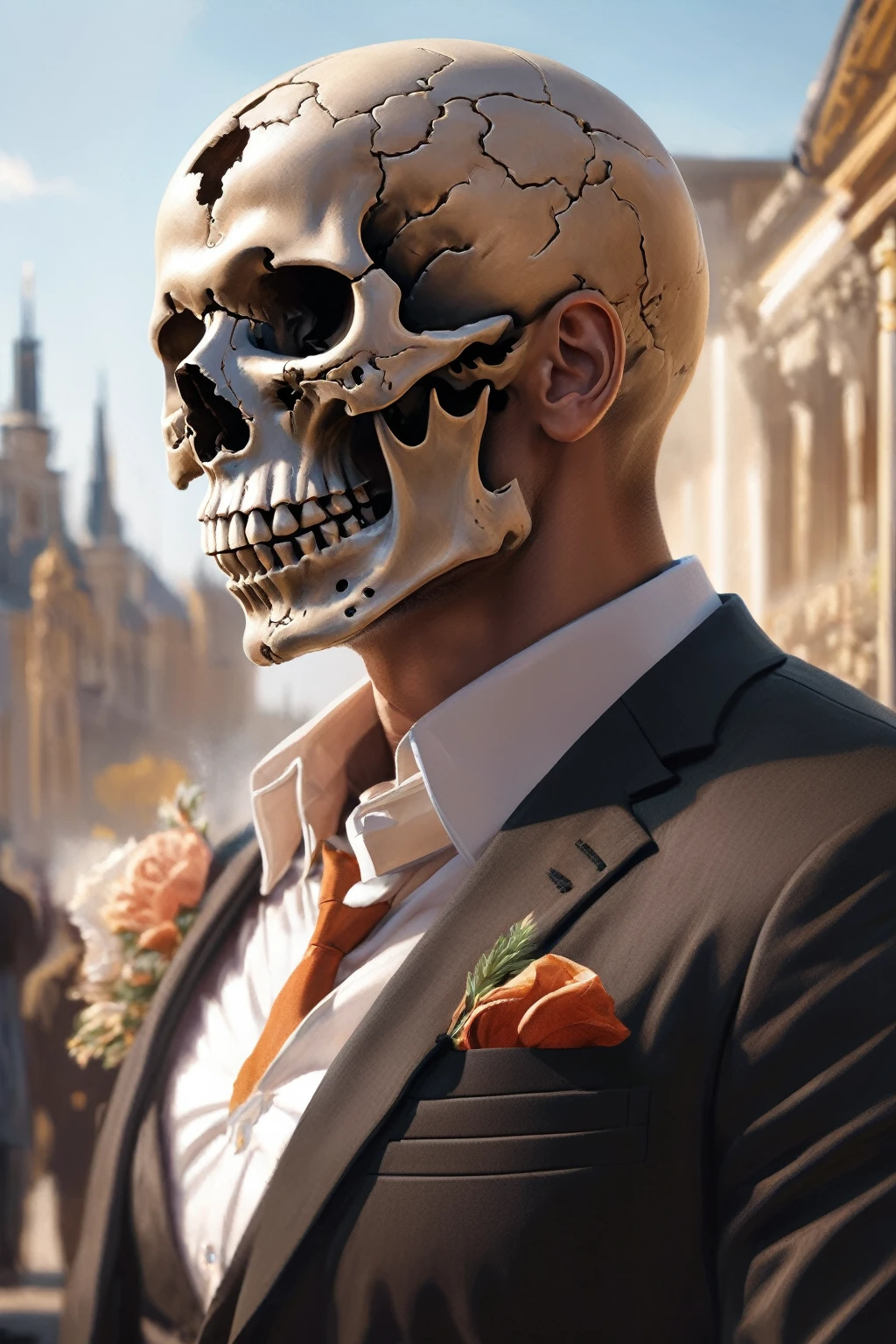 there is a man with a skull on his head and a suit, 8k high quality detailed art, highly detailed digital artwork, stunning digital illustration, beautiful digital artwork, highly detailed digital art, striking detailed artstyle, 4 k highly detailed art, 4k highly detailed digital art, over detailed art, detailed art, digital painting highly detailed, super detailed and realistic