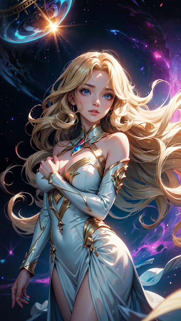 A woman with long hair and a flowing dress stands in the darkness, Blonde girl in cosmic dress, Amazing young ethereal figure, cosmic goddess, Astral appearance, galaxy goddess, Space Girl, Astral Fairy, Divine cosmic feminine power, Cosmic hair anime girl, goddess of space and time, Channeling rotational energy, A glowing halo surrounds her,Light,cleanness,Reflective,refractions,Ray traching,super-fine,Hyper-realistic,best quality,detailed hands, detailed eyes, detailed face,colors,