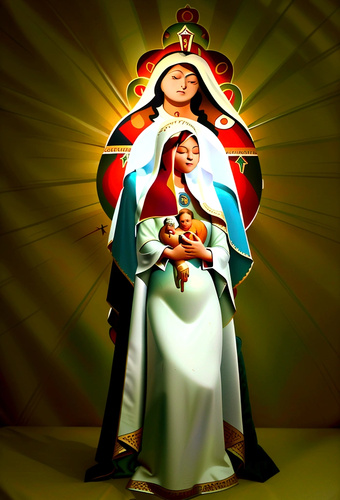 gorgeous imagine RETRO WITH FORESHORTENING AND MANNERISM. IN TRADICIONAL RUSSIAN CUSTOME ((((OUR LADY VIRGIN MARY GUADALUPE AND CHIL JESUS. WITH EYES CLOSED)))) full body. iN MINIMALIST and REALIST STYLE. In traditional COLORIDE AND COLORFULL costume)))