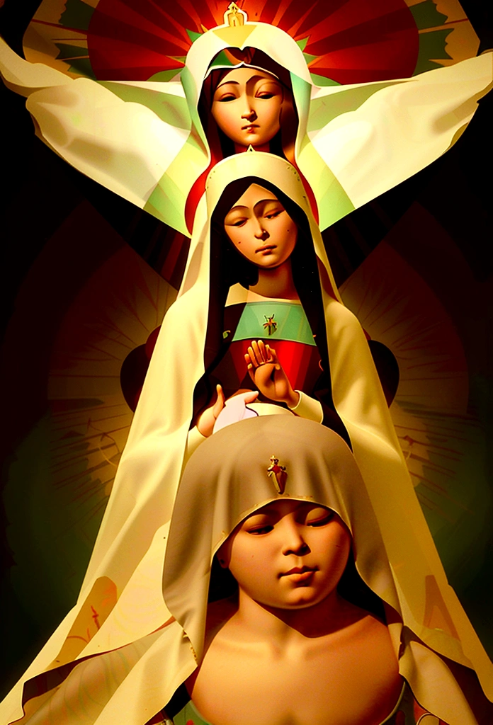 gorgeous imagine RETRO WITH FORESHORTENING AND MANNERISM. IN TRADICIONAL RUSSIAN CUSTOME ((((OUR LADY VIRGIN MARY GUADALUPE AND CHIL JESUS. WITH EYES CLOSED)))) full body. iN MINIMALIST and REALIST STYLE. In traditional COLORIDE AND COLORFULL costume)))