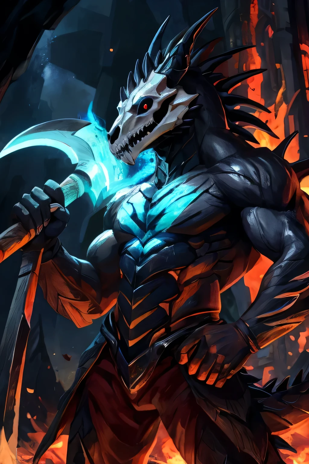 full body shot of male humanoid dark wolf that is mostly covered with dark fur, coal-black scales and plates, red energy sometimes glowing from between the cracks. However, his head, spine and clavicles appear to be made from exposed bone, resulting in these features being a contrasting white. Large plates with dorsal spines cover the back of his head and neck, above his shoulders, the very top one being white. As for his head, it has been described as a wolf skull-face with a hole for a nose, and sharp, exposed teeth. His eyes are black sclera with a white iris. he has a dragon tail with the axe tail tip covered in blue flames. he has white claws.