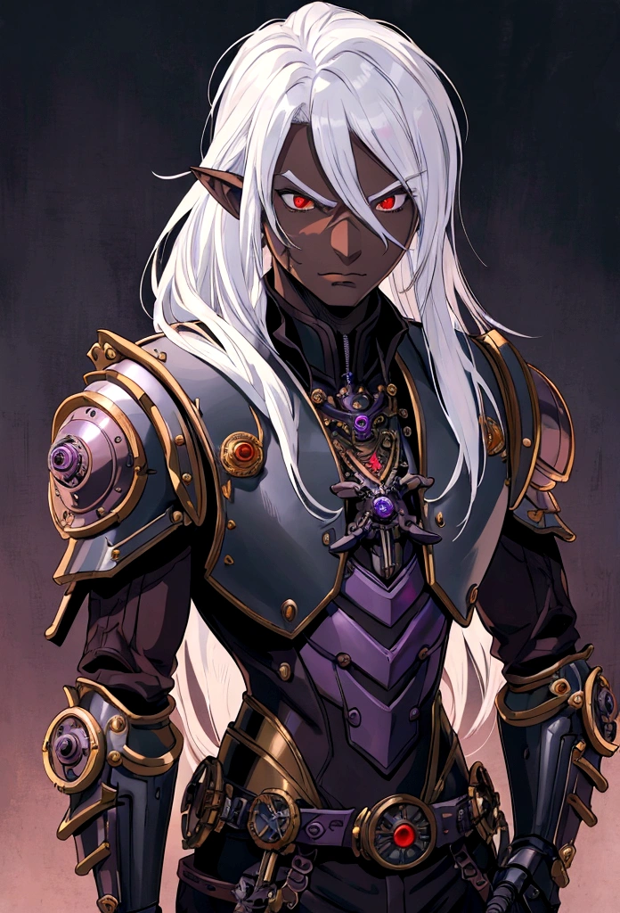 ((best quality)), ((masterpiece)), (detailed), ((boy)), ((mechanical armor)), (steampunk), (serious), dark skinned, human, upper body, portrait, red eyes, long white hair, Xemnas from Kingdom Hearts, half-drow, pointy ears, serious face, dramatic lighting, purple hue, perfect eyes, art by Kinema Citrus and Tetsuya Nomura
