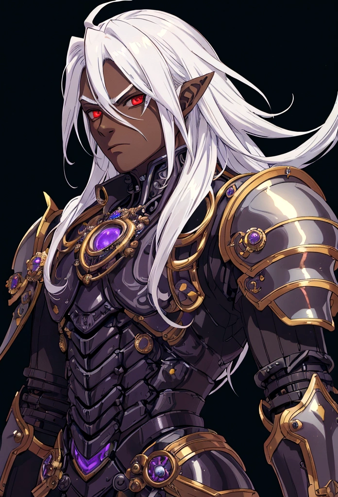 ((best quality)), ((masterpiece)), (detailed), ((boy)), ((mechanical armor)), (steampunk), (serious), dark skinned, human, upper body, portrait, red eyes, long white hair, Xemnas from Kingdom Hearts, half-drow, pointy ears, serious face, dramatic lighting, purple hue, perfect eyes, art by Kinema Citrus and Tetsuya Nomura