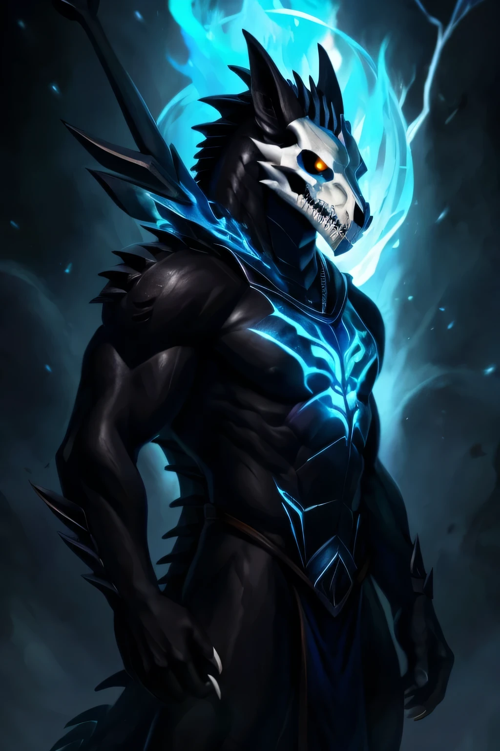 full body shot of male humanoid dark wolf that is mostly covered with dark fur, coal-black scales and plates, red energy sometimes glowing from between the cracks. However, his head, spine and clavicles appear to be made from exposed bone, resulting in these features being a contrasting white. Large plates with dorsal spines cover the back of his head and neck, above his shoulders, the very top one being white. As for his head, it has been described as a wolf skull-face with a hole for a nose, and sharp, exposed teeth. His eyes are black sclera with a white iris. he has a dragon tail with the axe tail tip covered in blue flames. he has white claws.
