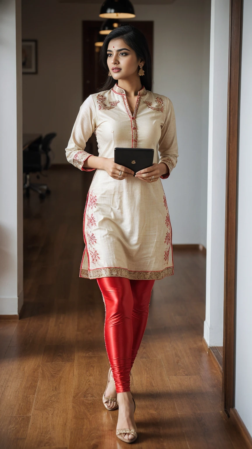 (girl in office room, luxurious office room, working in laptop),
(((Full body shot))), (Indian babe), (standing position), (looking at viewers, front view shots), (masterpiece, hyper realistic, hyper detailed, photorealists), 1girl, 20 years old lady, 16k, FHD, UHD, high quality pictures, extremely detailed, candid brightness, candid shots, extreme detailed, colorful, highest detailed, (iconic picture shot, perfect brightness, perfect contrast, perfect colour), (pretty face, iconic face), (detailed face, detailed eye, detailed lips, detailed neck, ultra realistic face, ultra realistic eye, ultra realistic lips), (attractive hair style, detailed hair style), (sagging perky breasts, perfect rounded breasts, attractive breasts), (attractive body figure, perfect body figure, perfect figure, curvy_figure attractive, hourglass body), (beautiful High heels, fancy high heels), 
(beautiful girl in Indian outfits), 
(beautiful and aesthetic), 
((Masterpiece straight-line kurta, luxurious kurta, iconic kurta), (fancy A-line kurta), (embroidery red kurta), iconic kurta, flared kurta, long skinny sleeves, ruffled kurta, fancy leggings, embroidery leggings, iconic leggings), ,., , ,