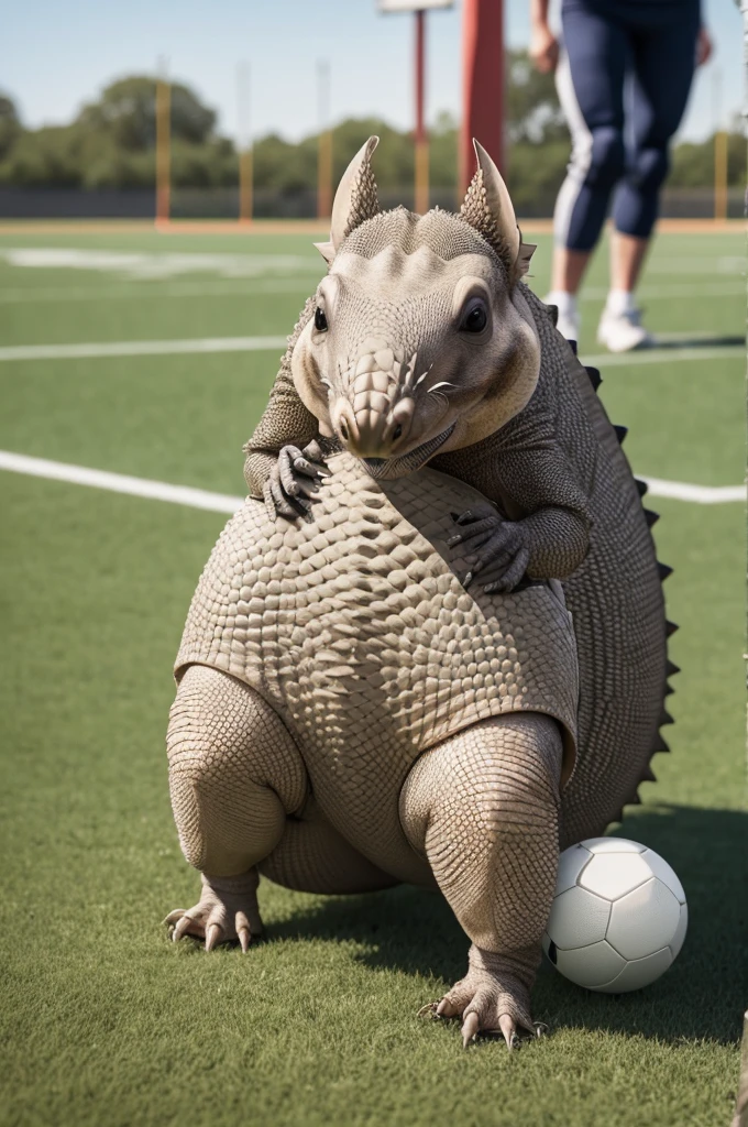 An armadillo playing football