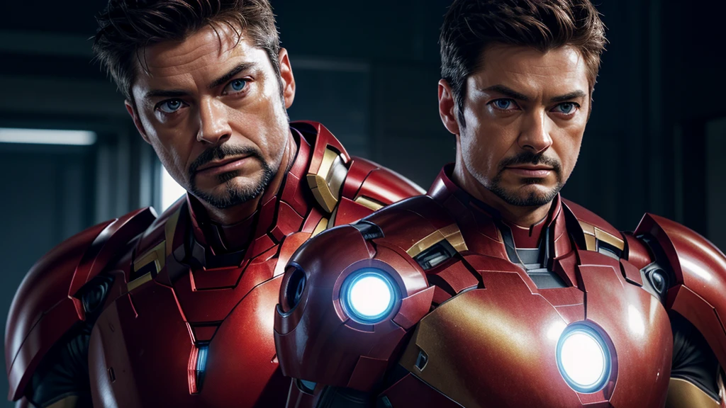 a highly detailed portrait of Karl Urban as Iron Man without the helmet, 50 years old, cinematic lighting, half body camera, realistic skin textures, chiseled jawline, penetrating gaze, muscular physique, shiny metallic armor details, dramatic pose, seamless integration of man and machine, 8k resolution, photorealistic, cinematic lighting, vivid colors
