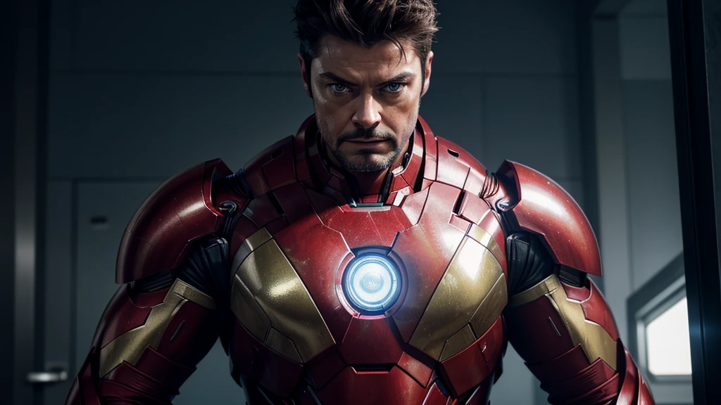 a highly detailed portrait of Karl Urban as Iron Man without the helmet, 50 years old, cinematic lighting, half body camera, realistic skin textures, chiseled jawline, penetrating gaze, muscular physique, shiny metallic armor details, dramatic pose, seamless integration of man and machine, 8k resolution, photorealistic, cinematic lighting, vivid colors