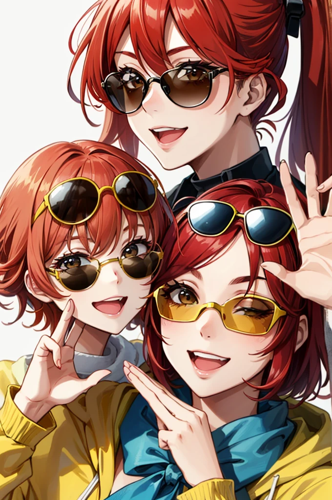 Focus on the face、Face only、Red hair、Wear yellow sunglasses、laughing、Hands on sunglasses、Fancy costumes、Spark effect、White background